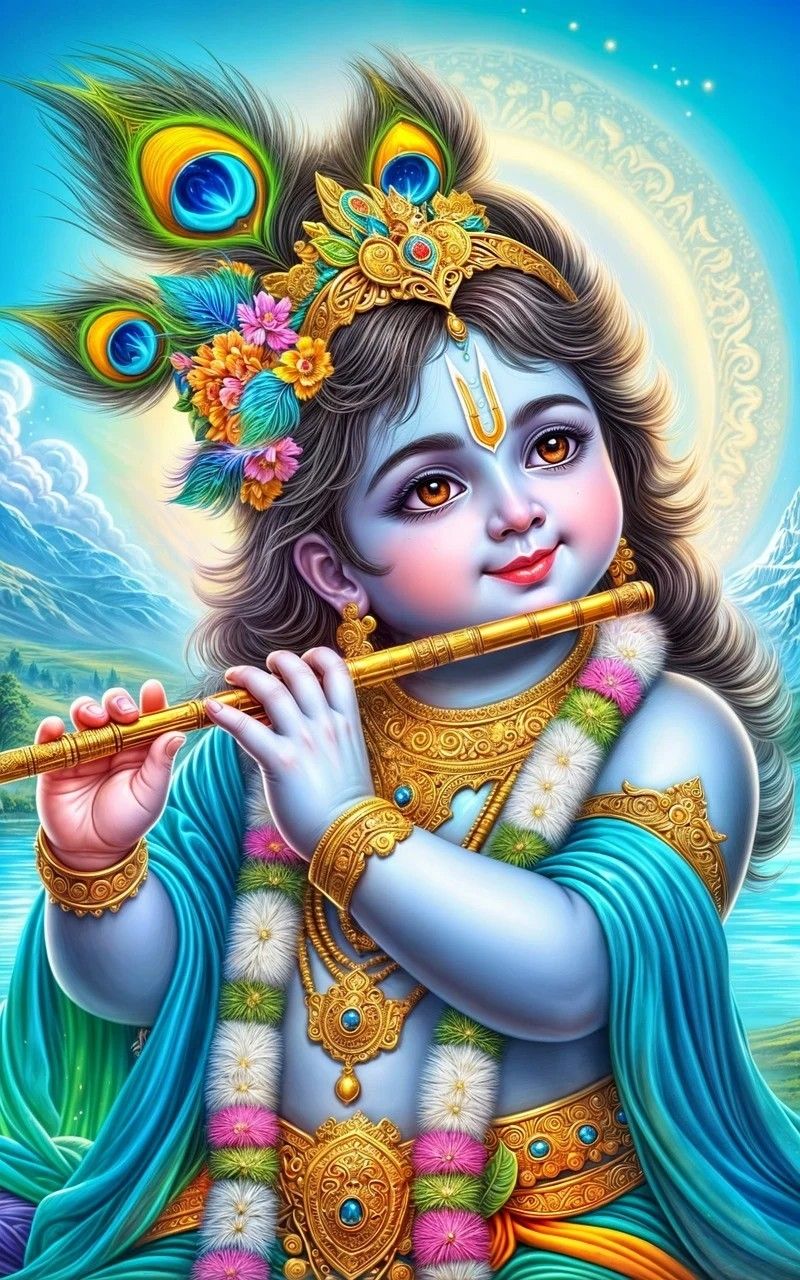 Baby Krishna with flute and peacock feather