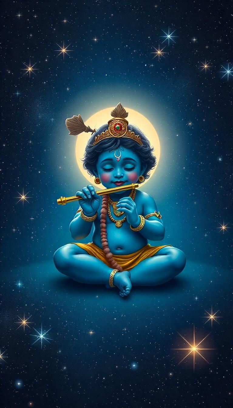 Baby Krishna playing flute against stars