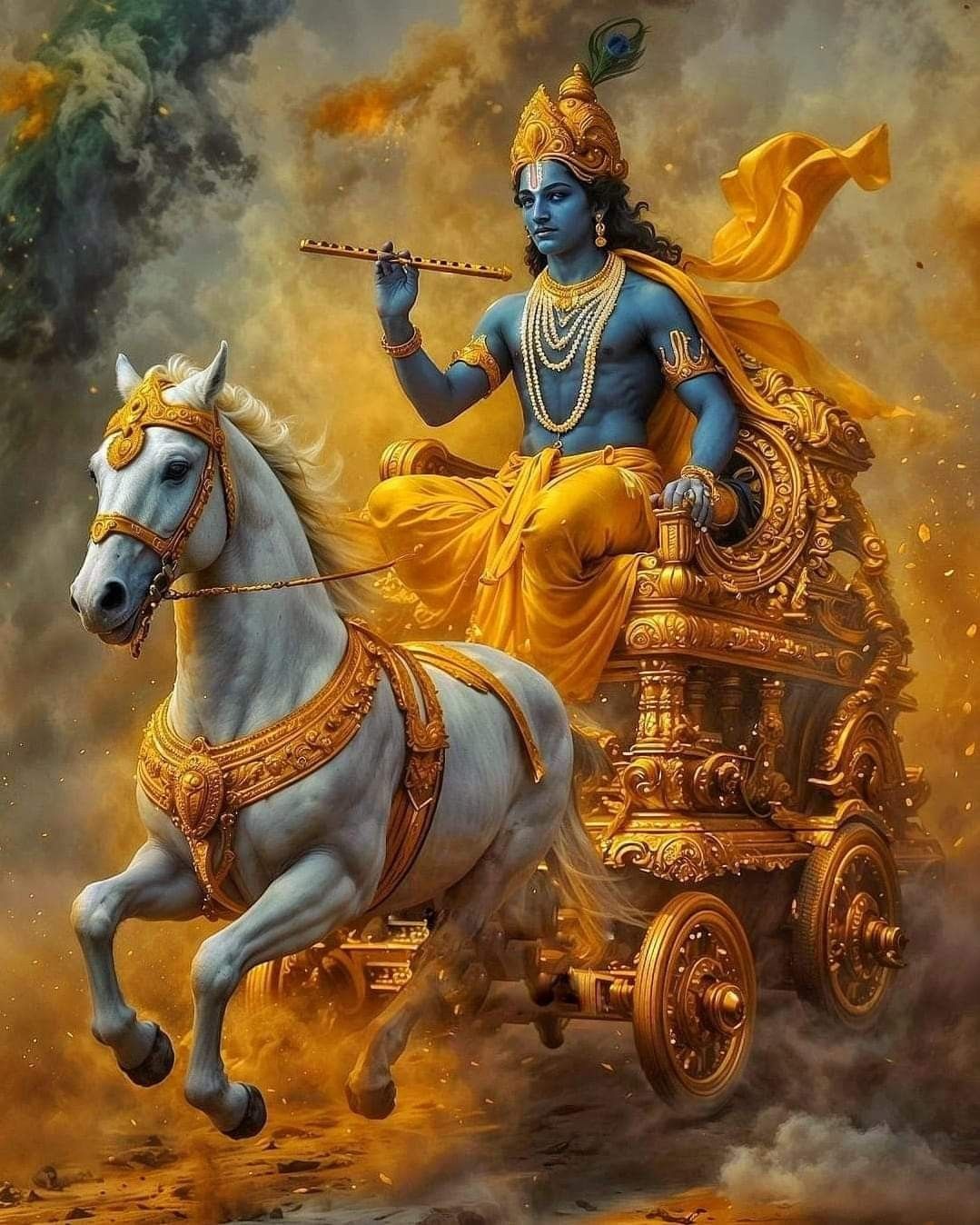 Krishna driving a golden chariot