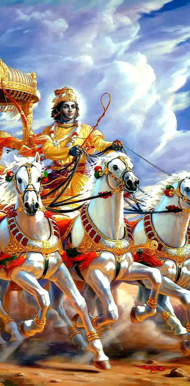 Krishna driving a chariot on battlefield