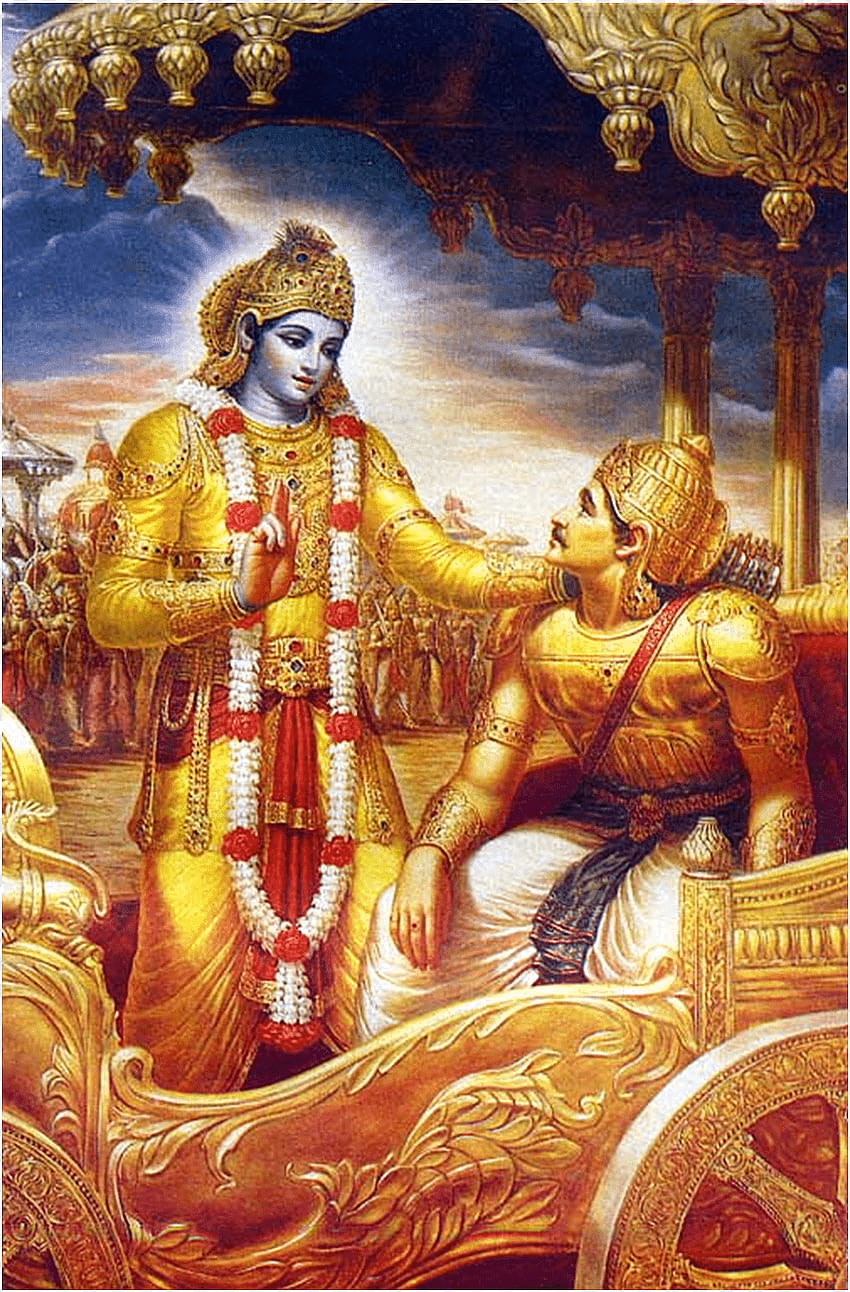 Krishna counsels Arjuna on the battlefield