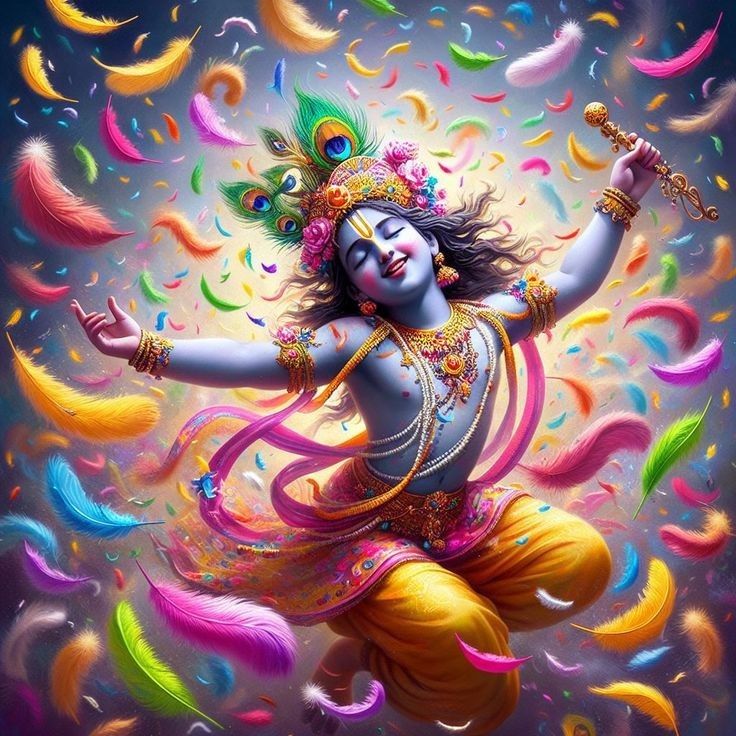 Krishna dances amidst a shower of petals