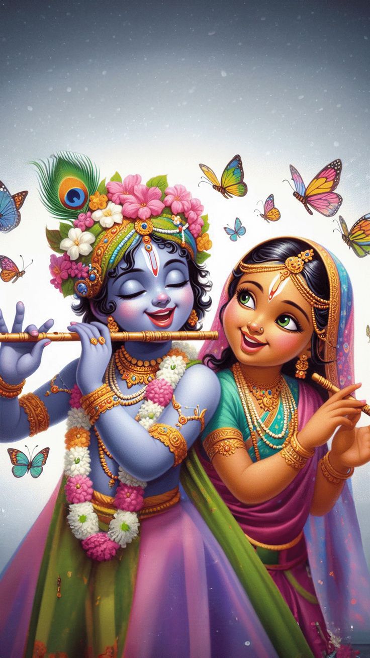 Krishna and Radha playing flute.