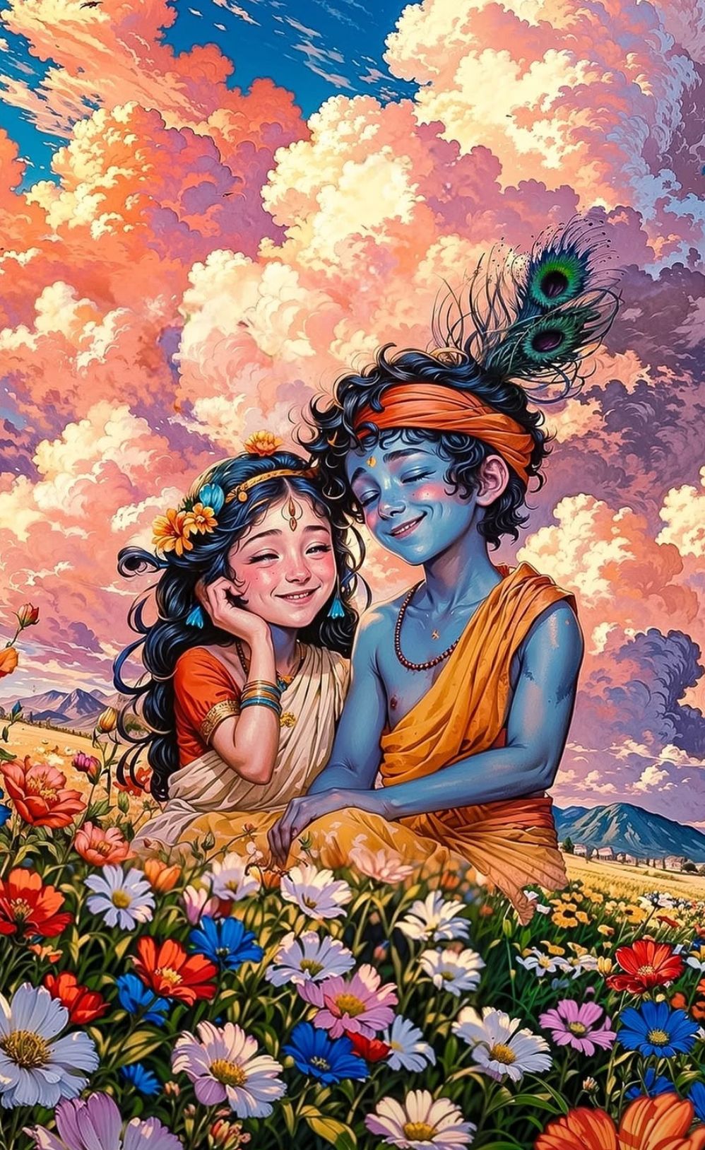 Krishna and Radha in a flower field