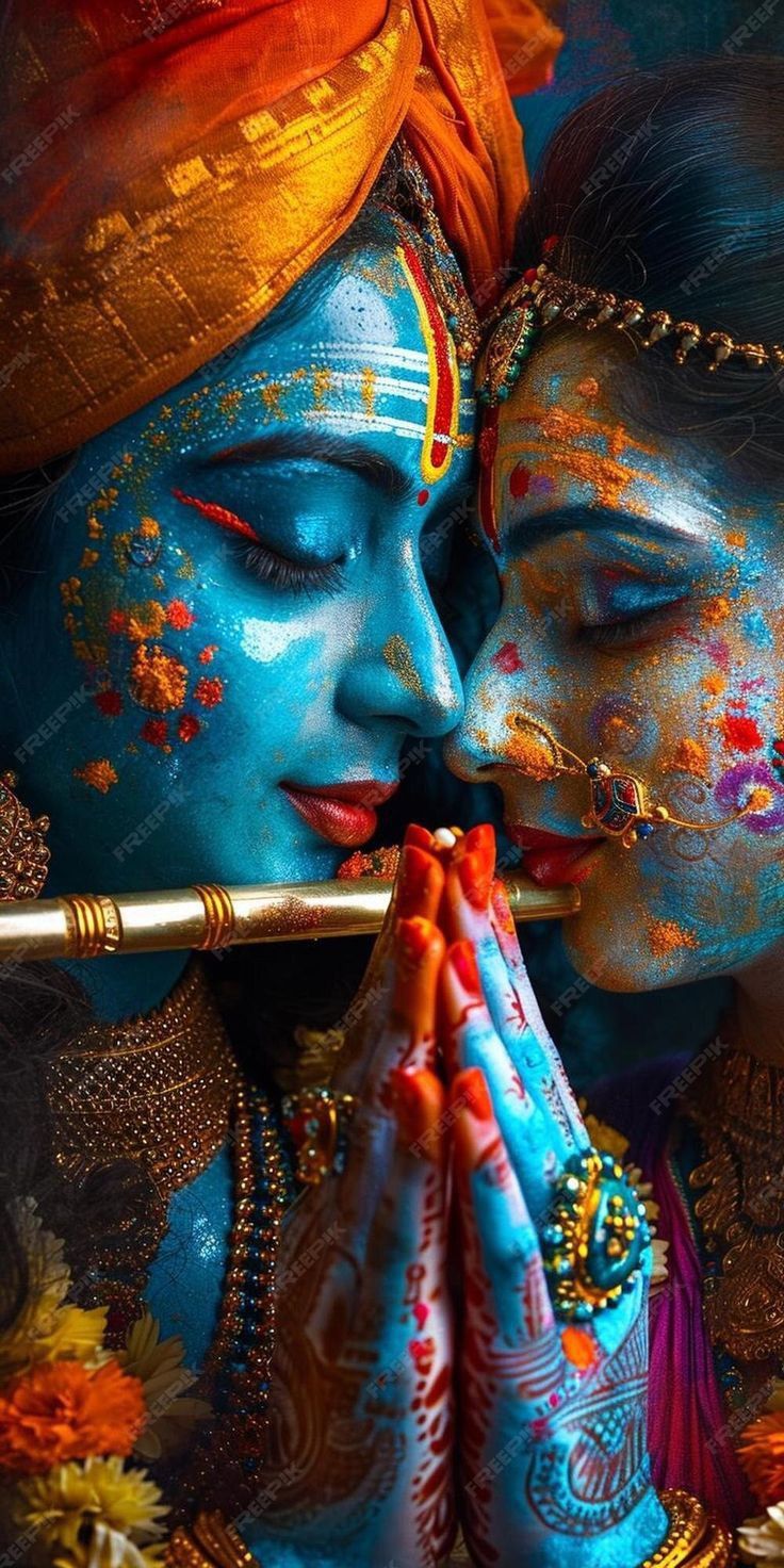 Krishna and Radha embrace in bliss.