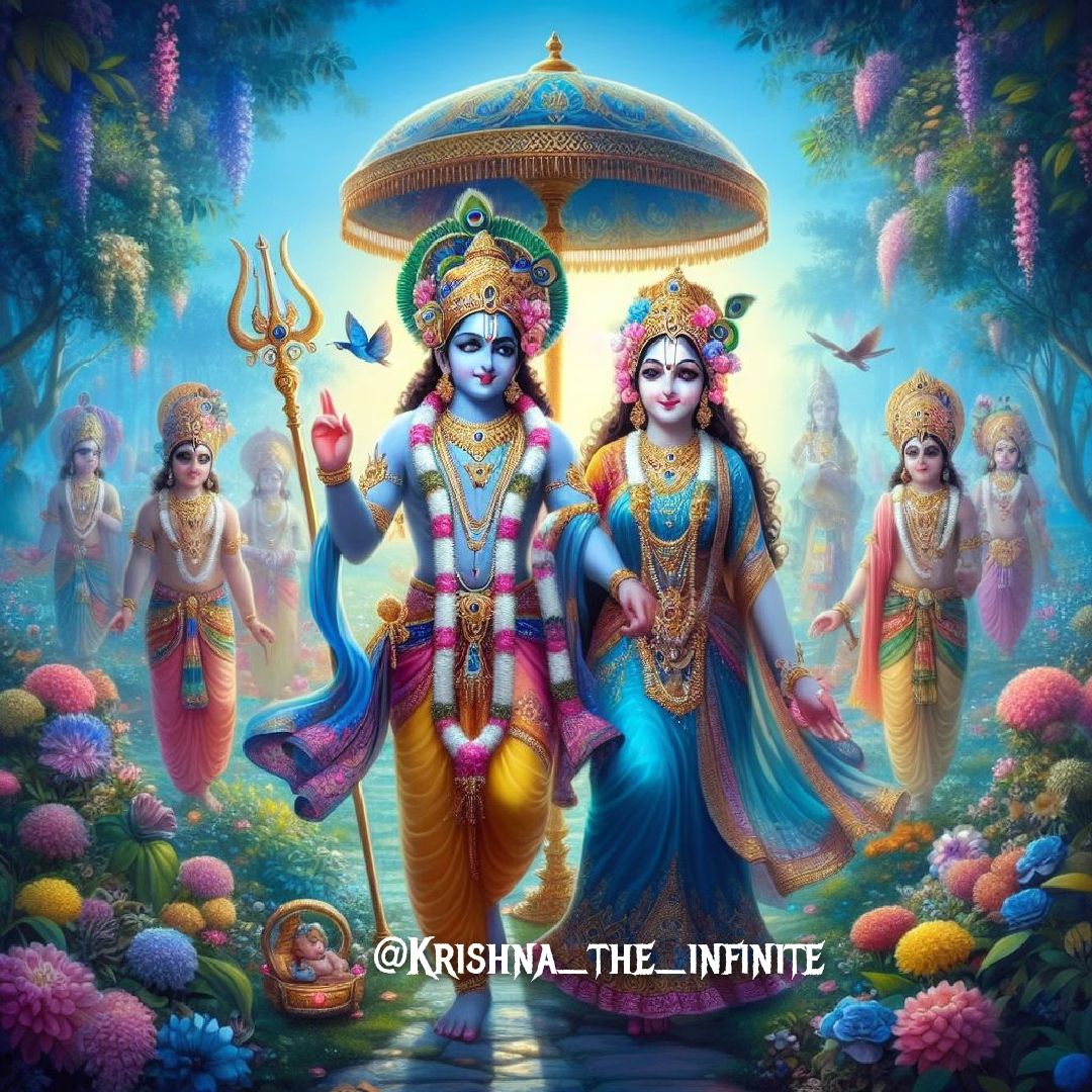 Krishna and Radha walking in a garden