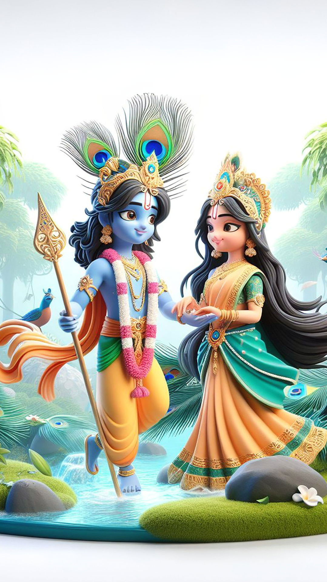 Krishna and Radha in a forest setting