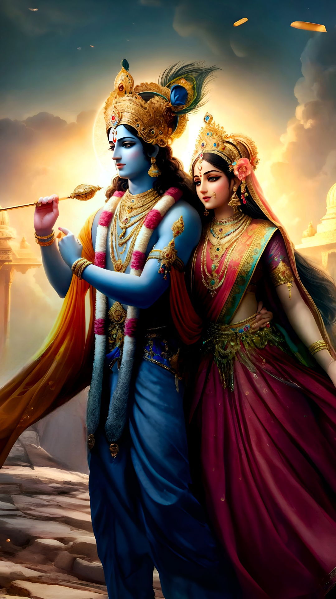 Krishna and Radha divine loving embrace
