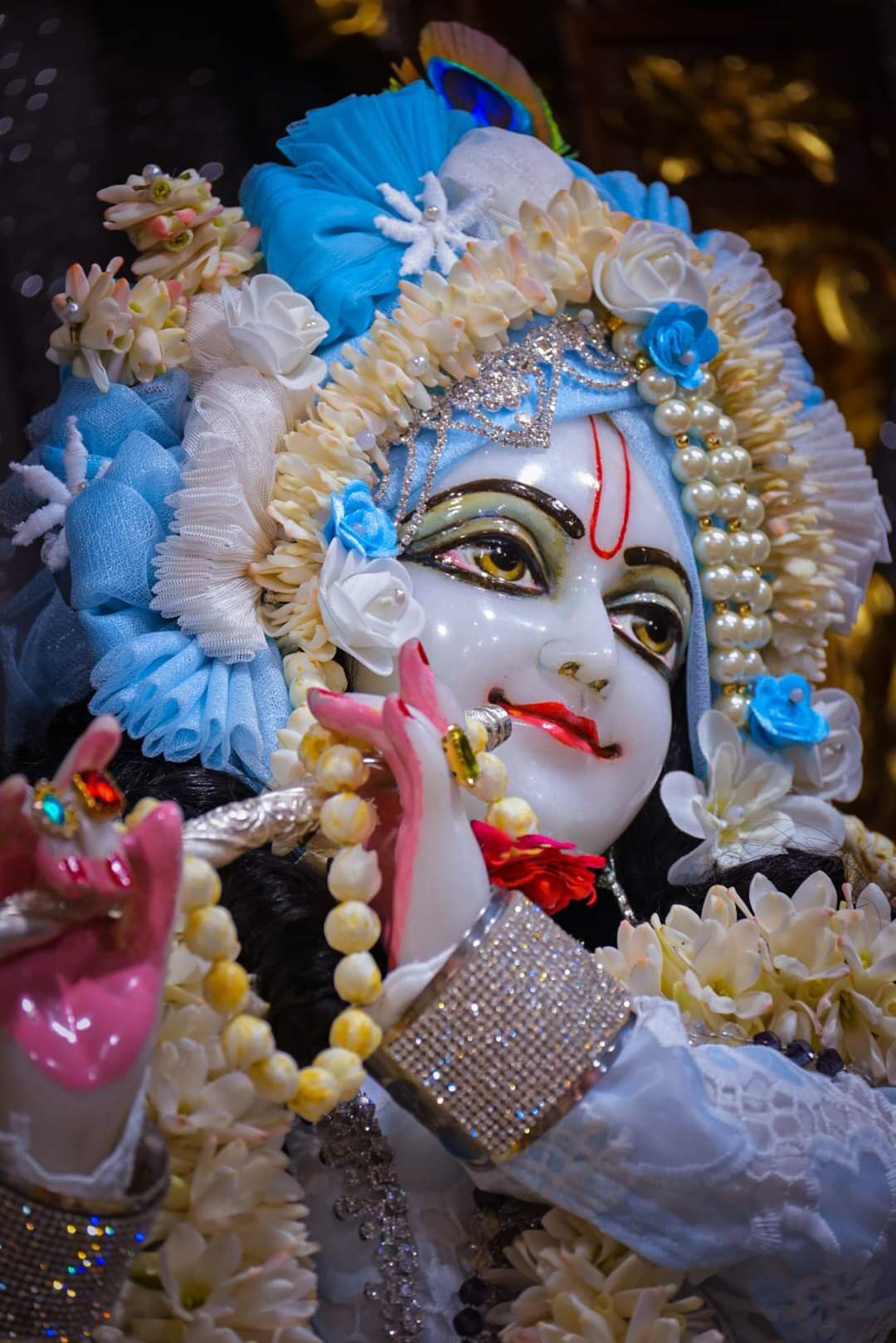 Krishna with peacock feather and flowers