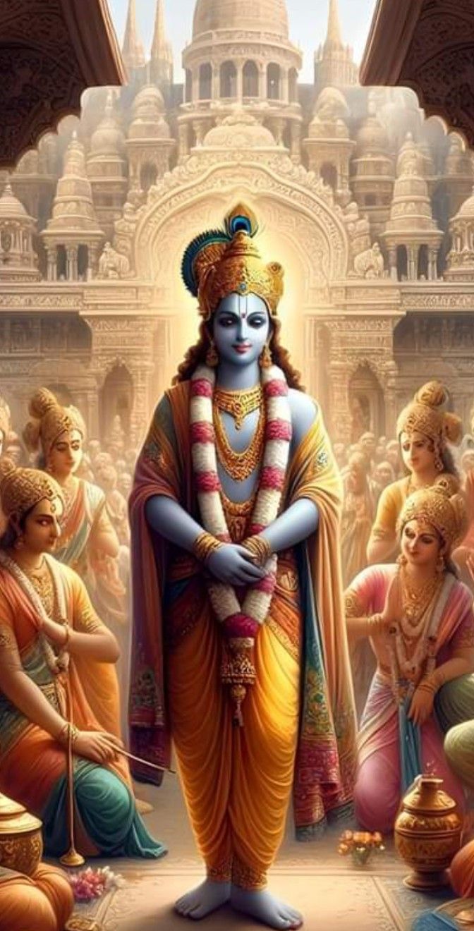 Lord Krishna stands amidst his devotees