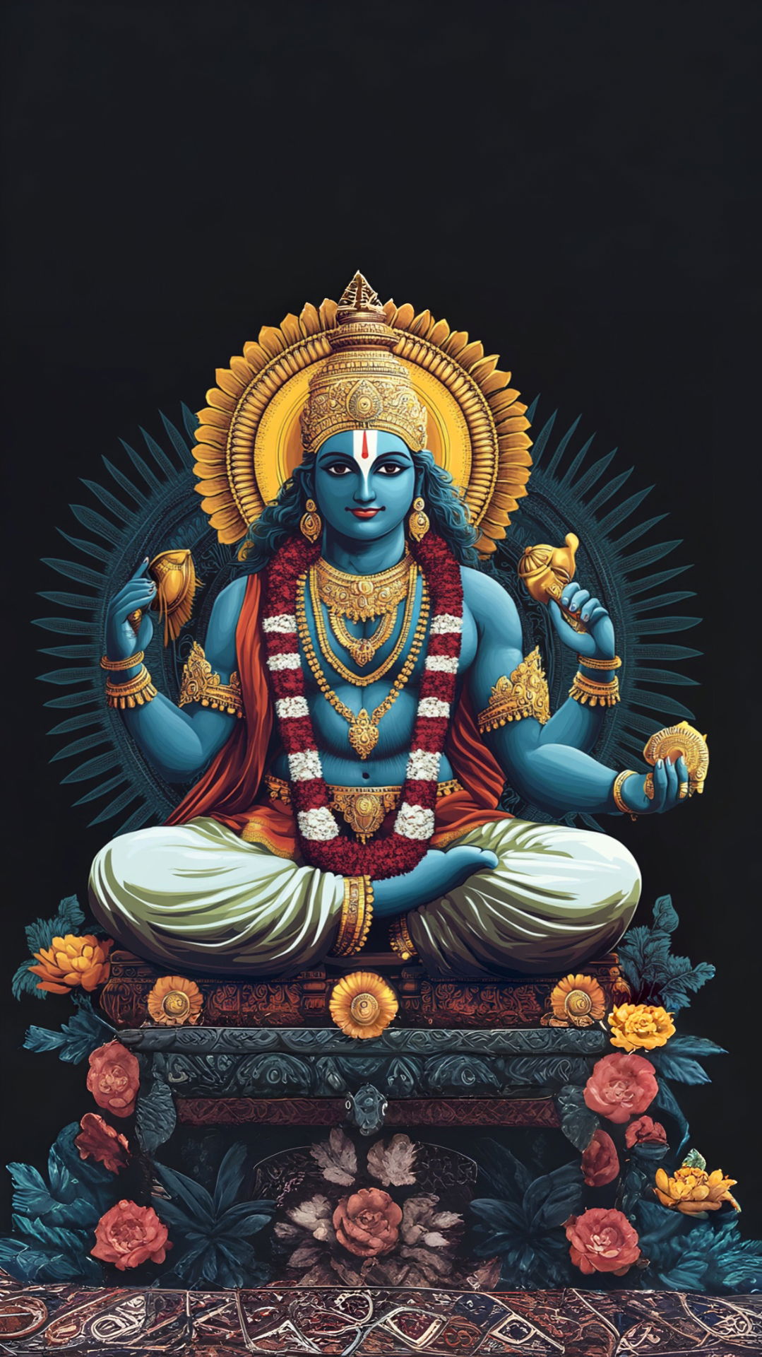 Blue-skinned Krishna seated on a lotus.