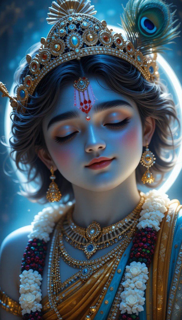 Peaceful Krishna portrait with peacock feather