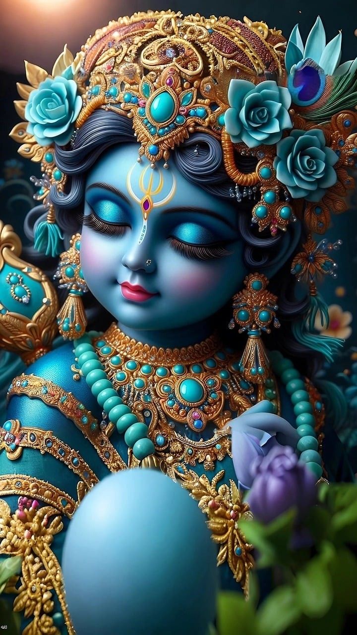 Blue-skinned Krishna with flower crown