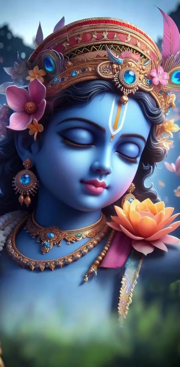 Peaceful Krishna with lotus flower