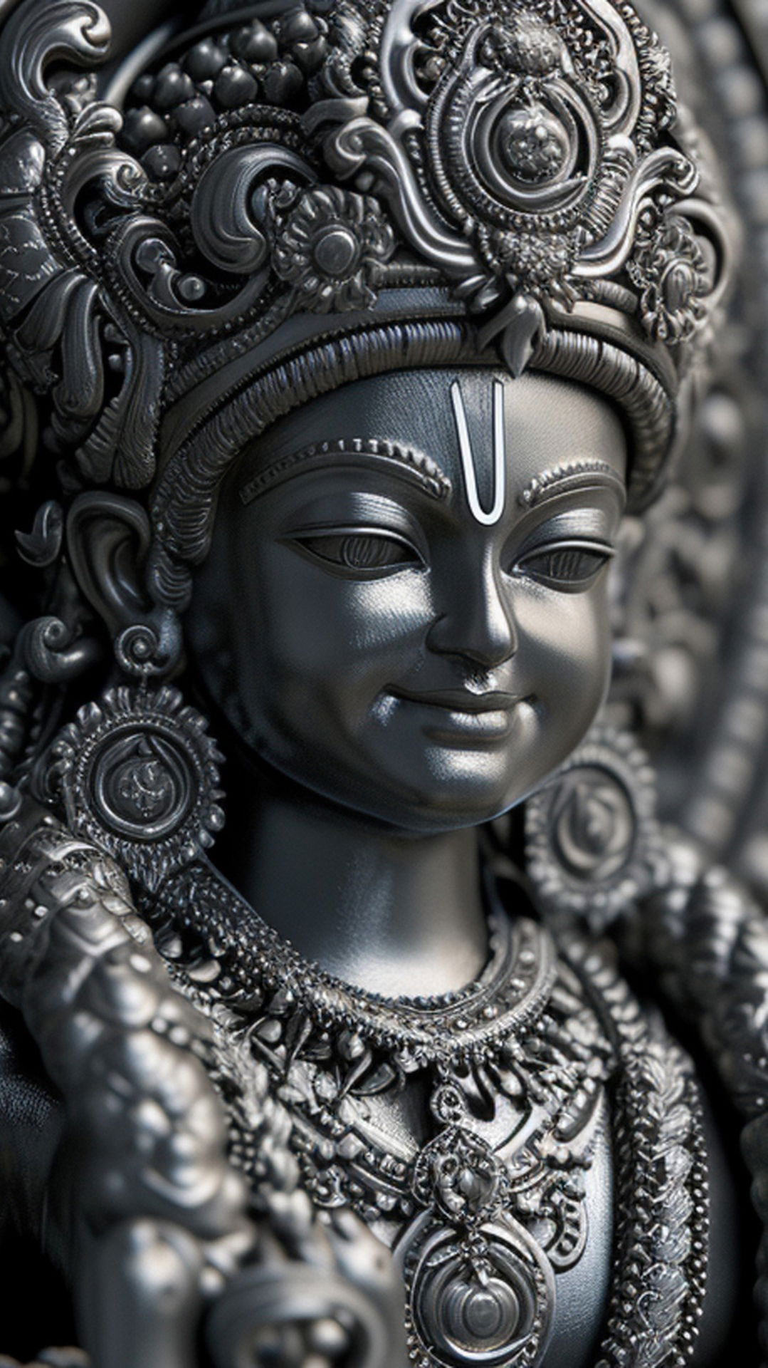 Serene Krishna face in silver art