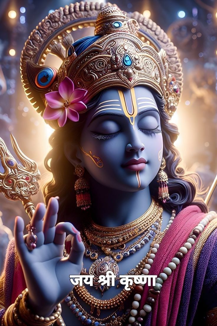 Blue-skinned Krishna with peacock feather.