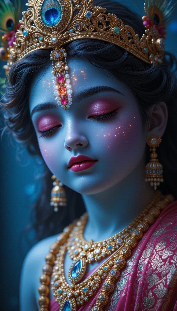 Peaceful portrait of Lord Krishna with peacock feather