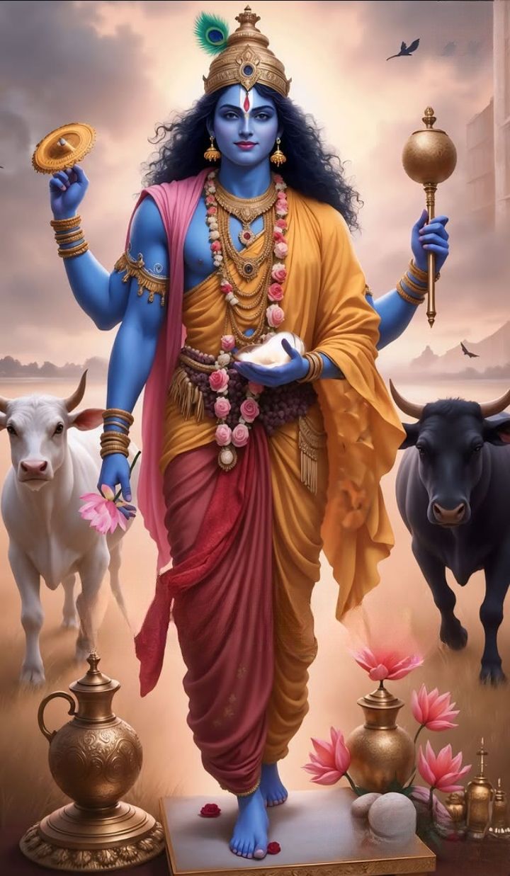 Lord Krishna with flute and cows
