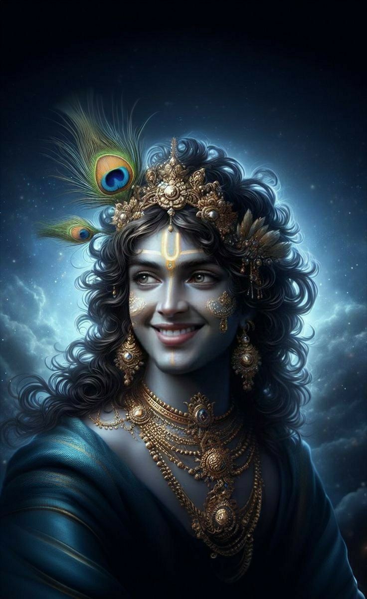 Smiling Krishna with peacock feather