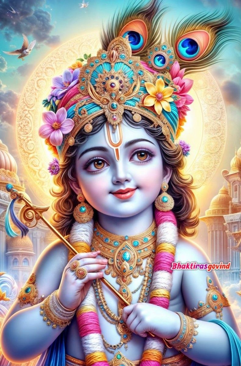 Divine Krishna with flute and peacock feather