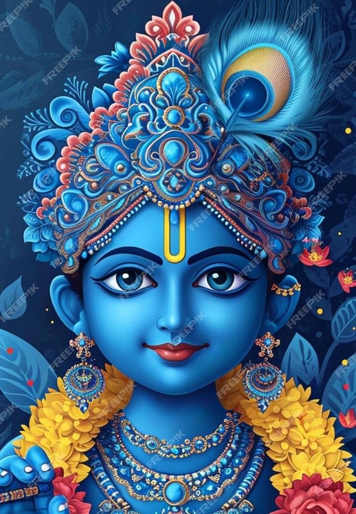 Blue-skinned Krishna with flute and peacock