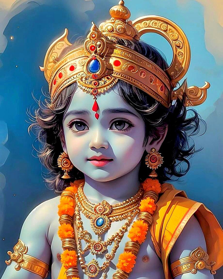 Adorable baby Krishna with golden crown
