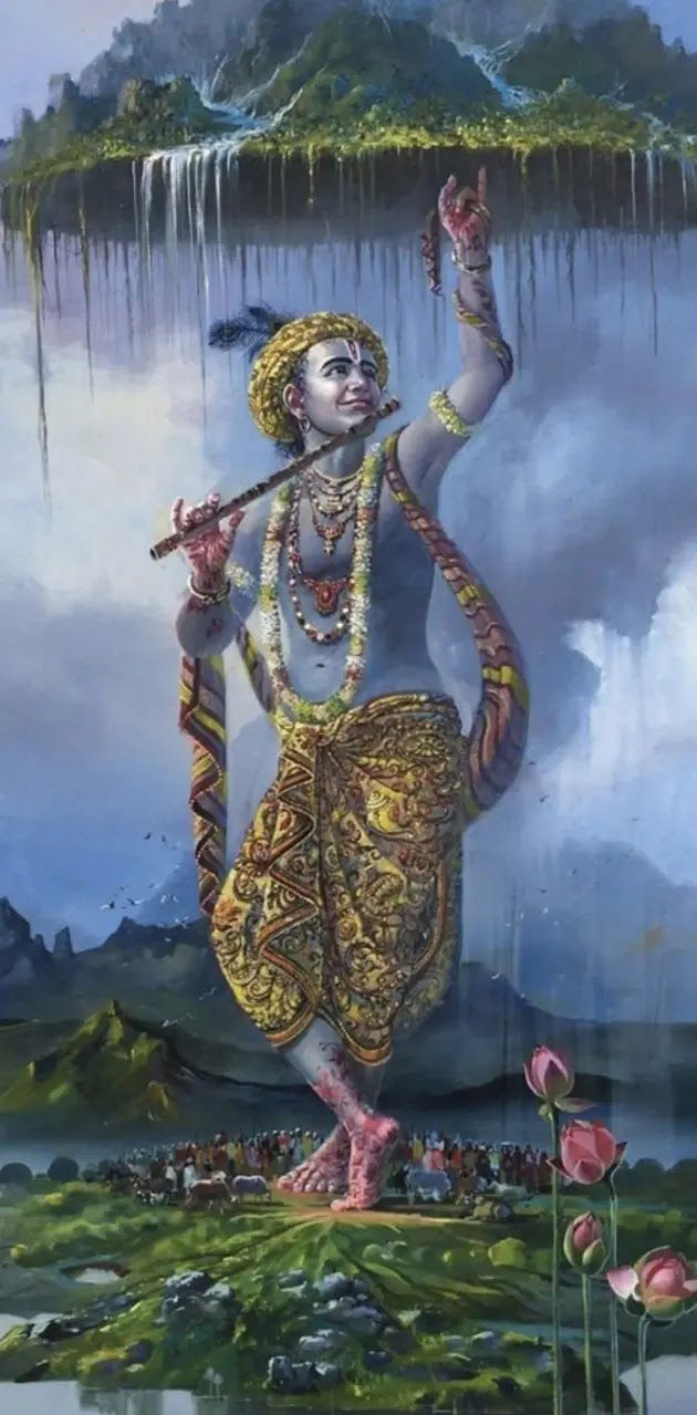 Krishna lifting Govardhan Hill, divine artwork