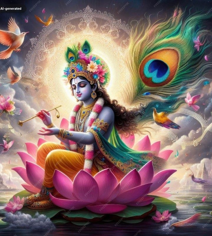 Krishna playing flute on lotus flower