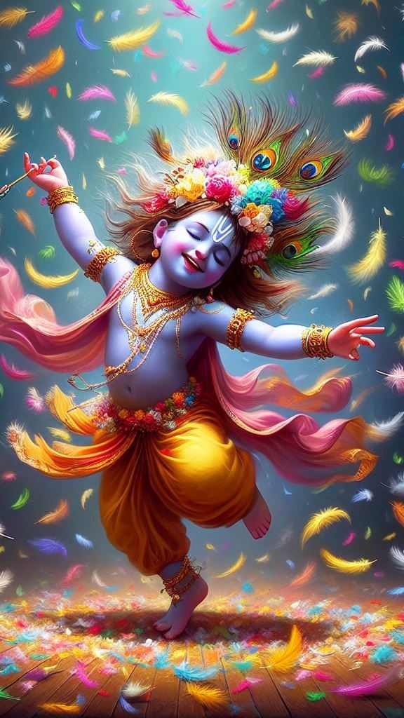 Dancing Bal Krishna with peacock feathers