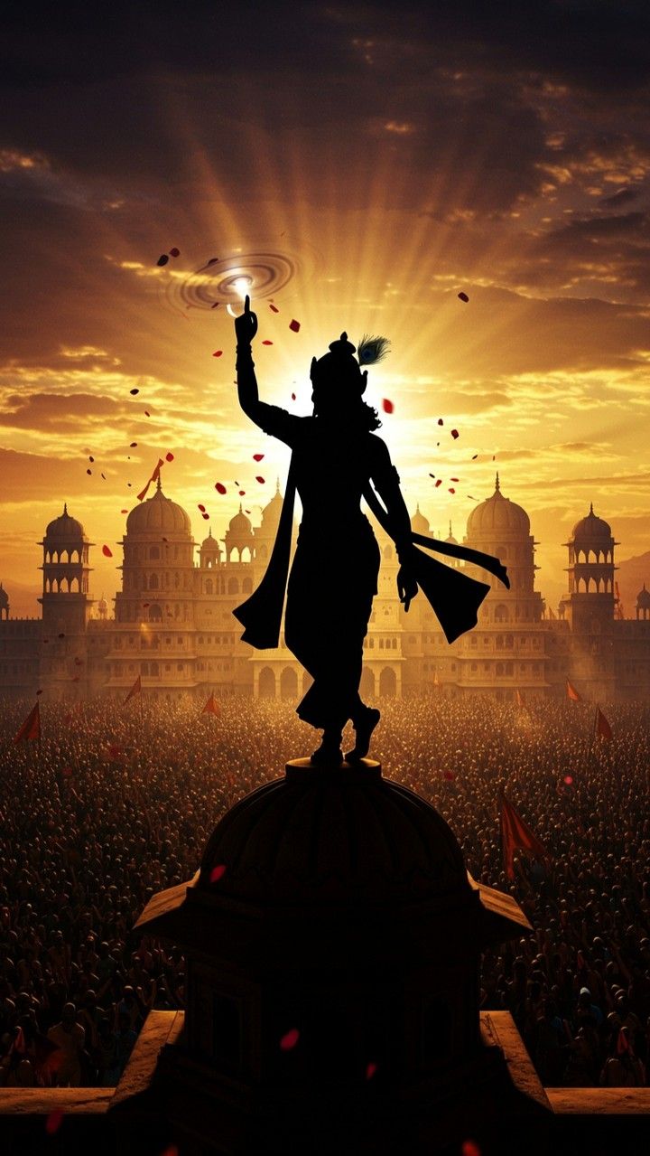 Krishna lifts Govardhan Hill for devotees