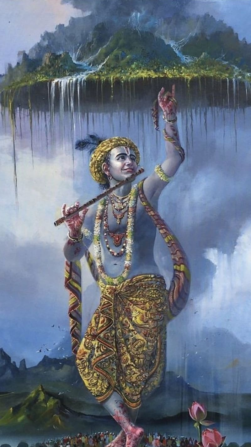 Krishna playing flute amidst waterfalls.