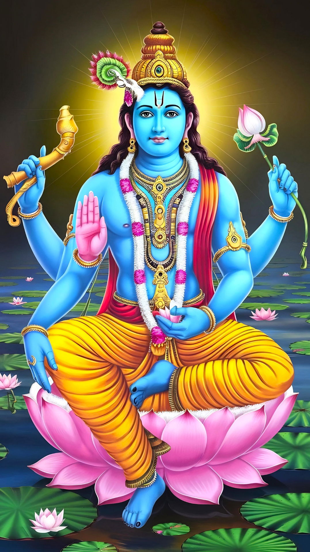 Lord Krishna playing the flute on lotus