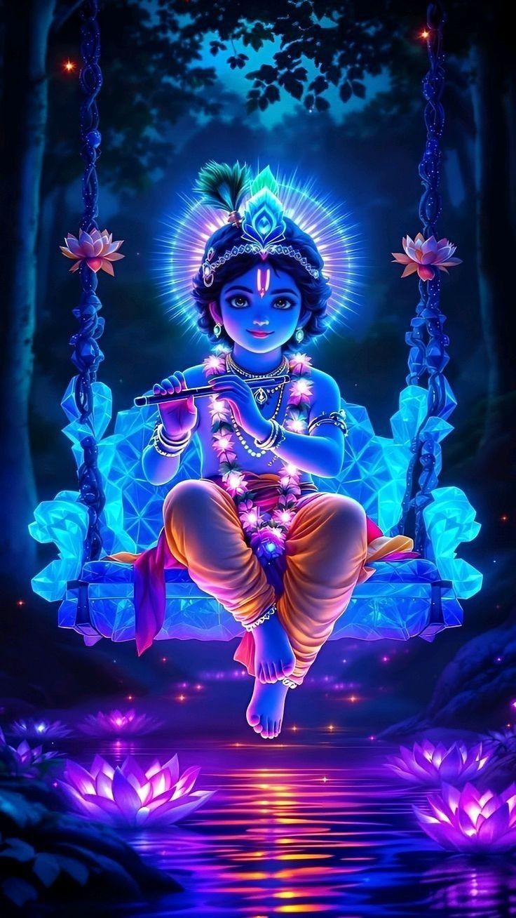 Baby Krishna playing flute on swing