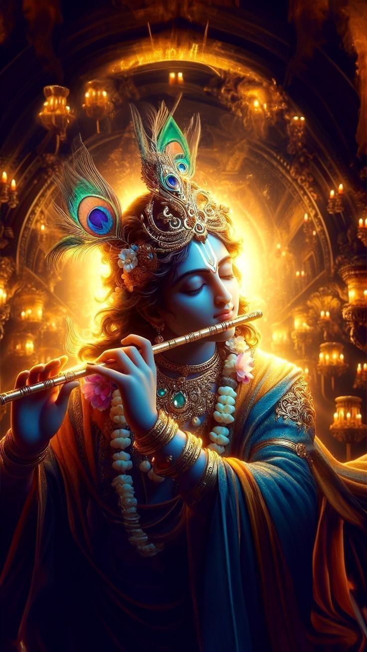 Lord Krishna playing flute devotional wallpaper