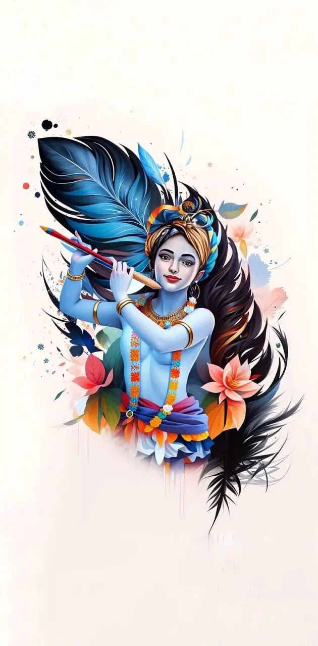 Krishna playing flute, peacock feather art