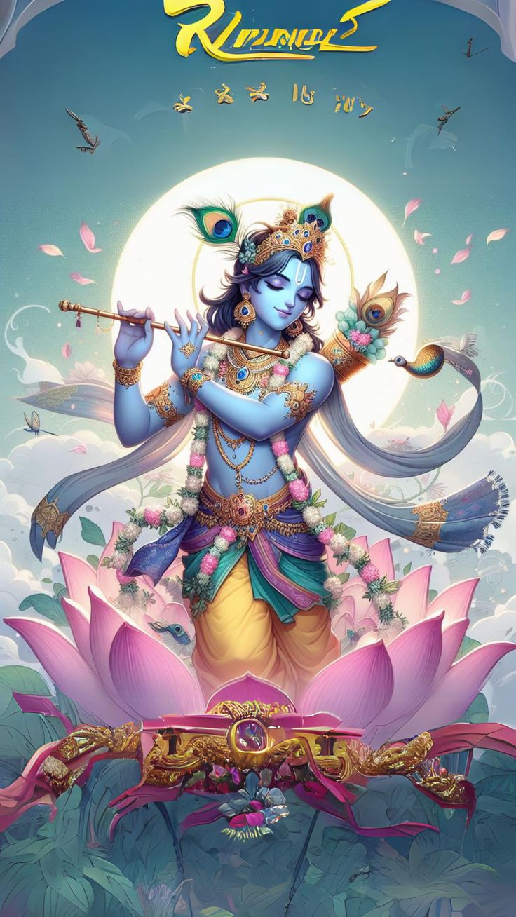 Krishna playing a flute on a lotus