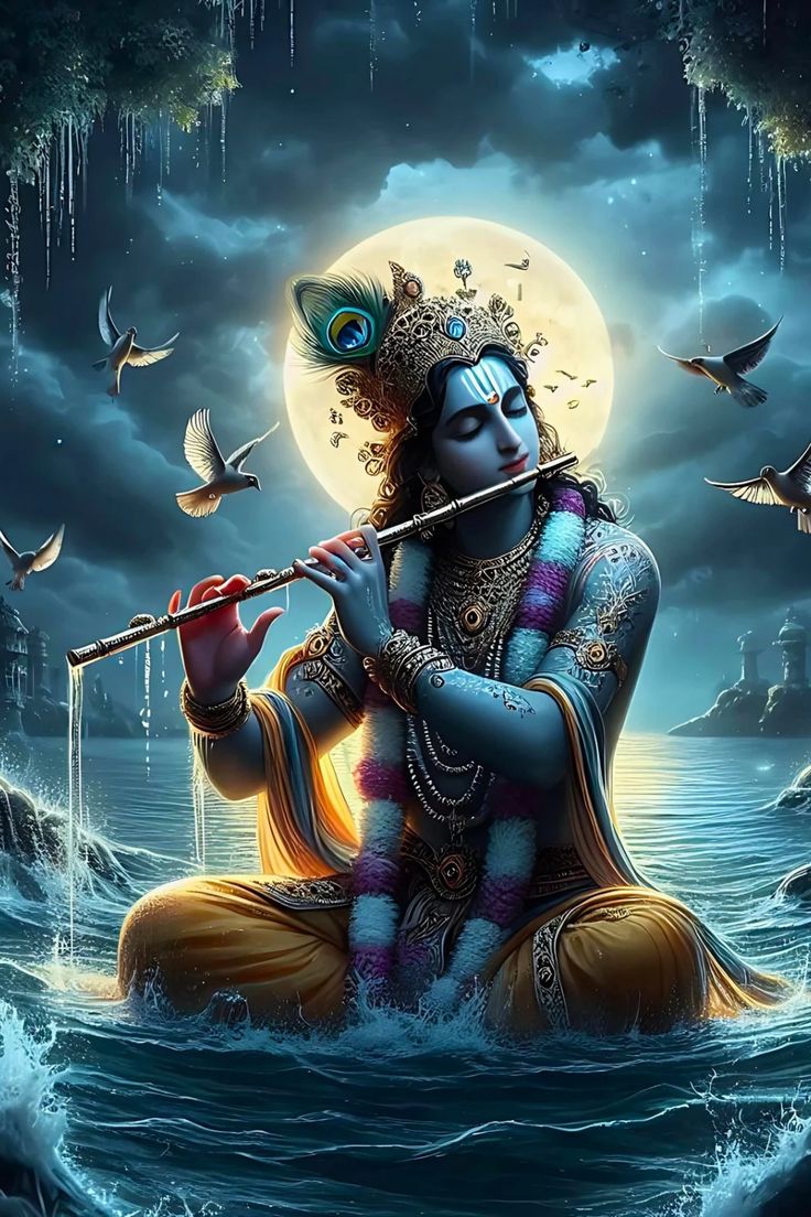 Krishna playing flute amidst lotus flowers