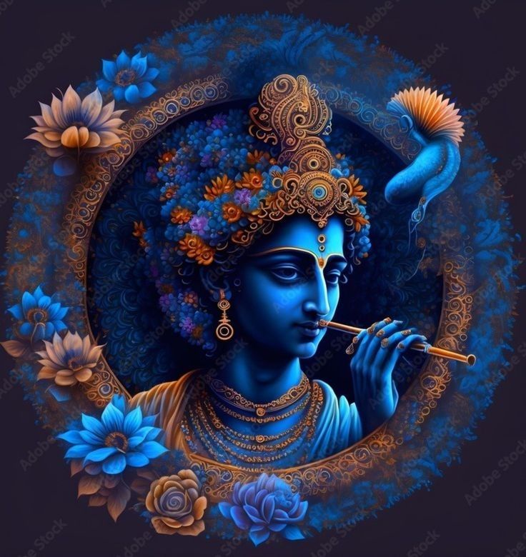 Krishna playing flute amidst lotus flowers