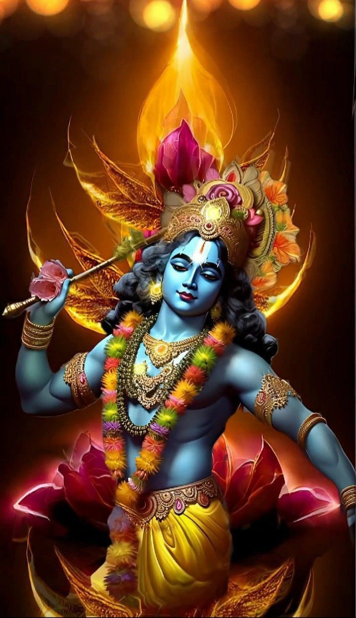 Lord Krishna playing a flute beautifully.