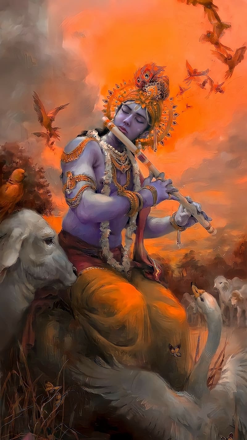 Krishna playing flute with cows