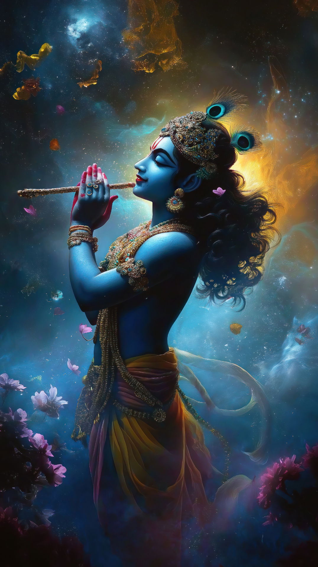 Krishna plays flute in cosmic setting