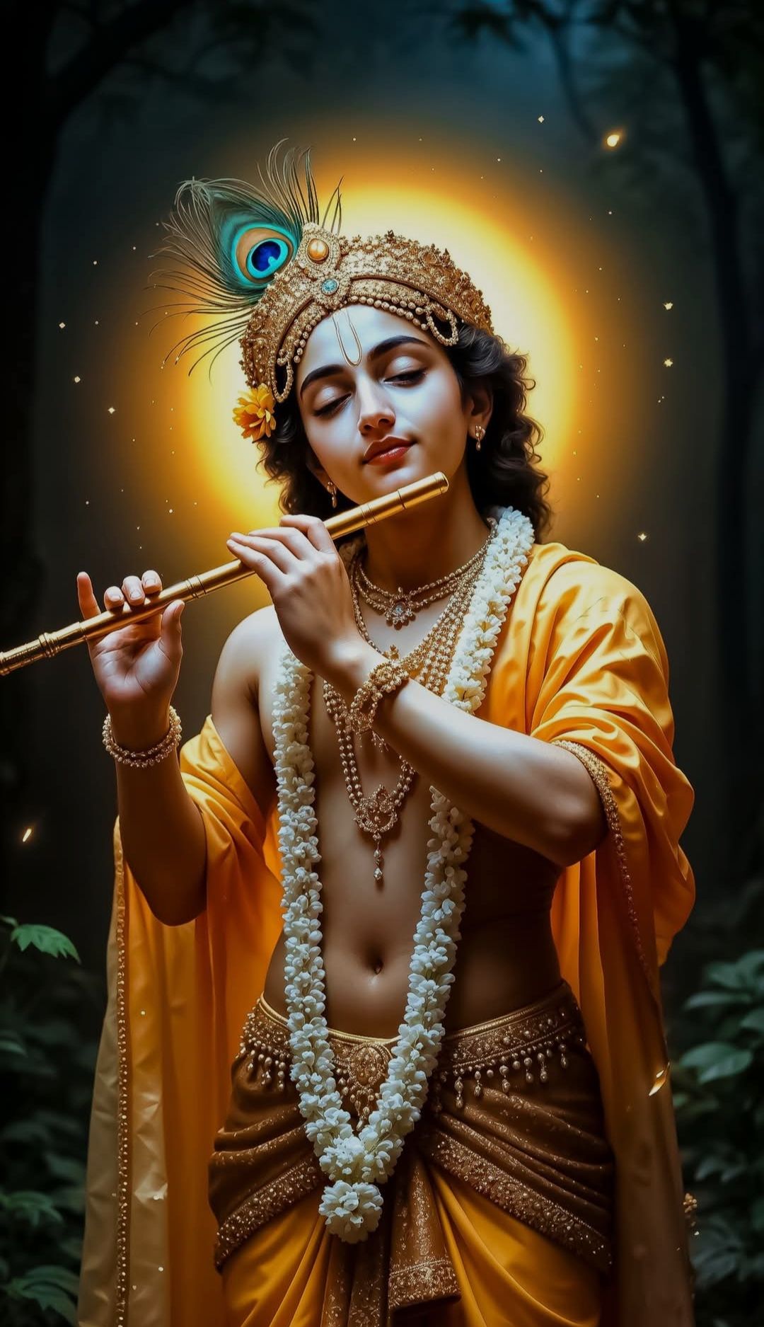 Krishna playing flute, serene divine portrait