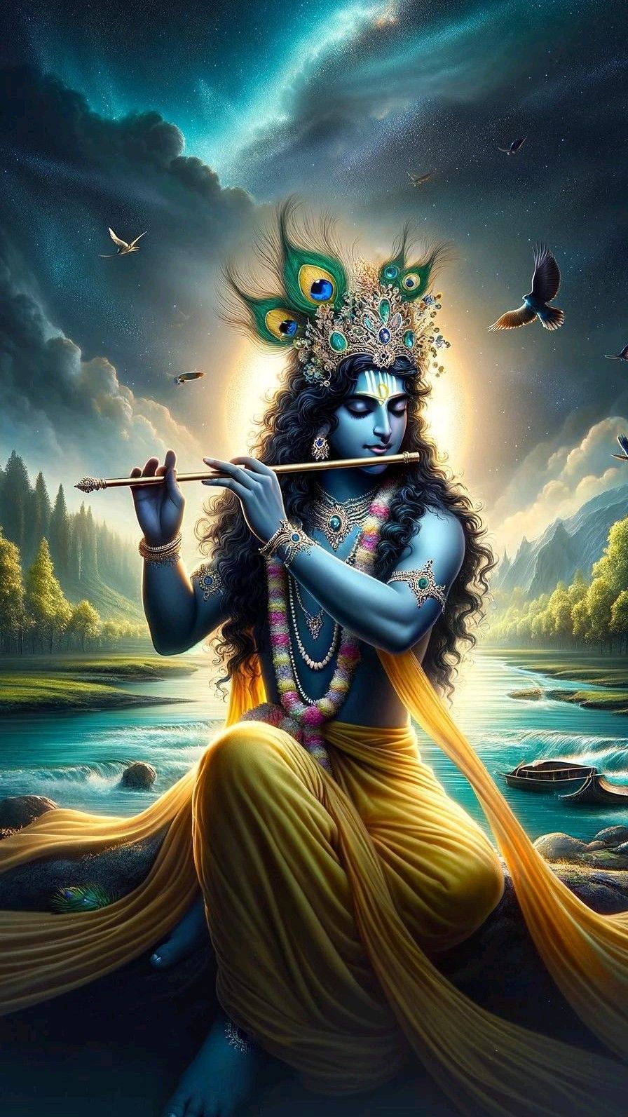 Krishna playing flute amidst serene nature