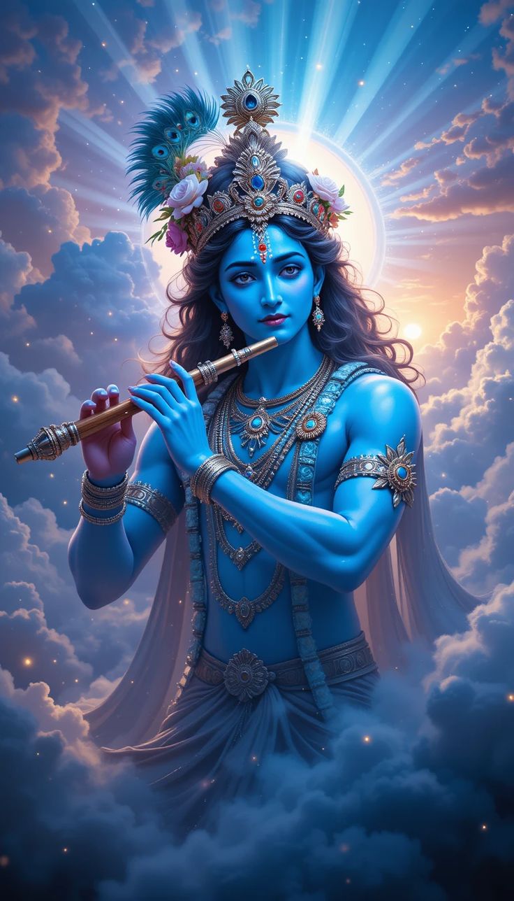 Krishna playing flute in the heavens