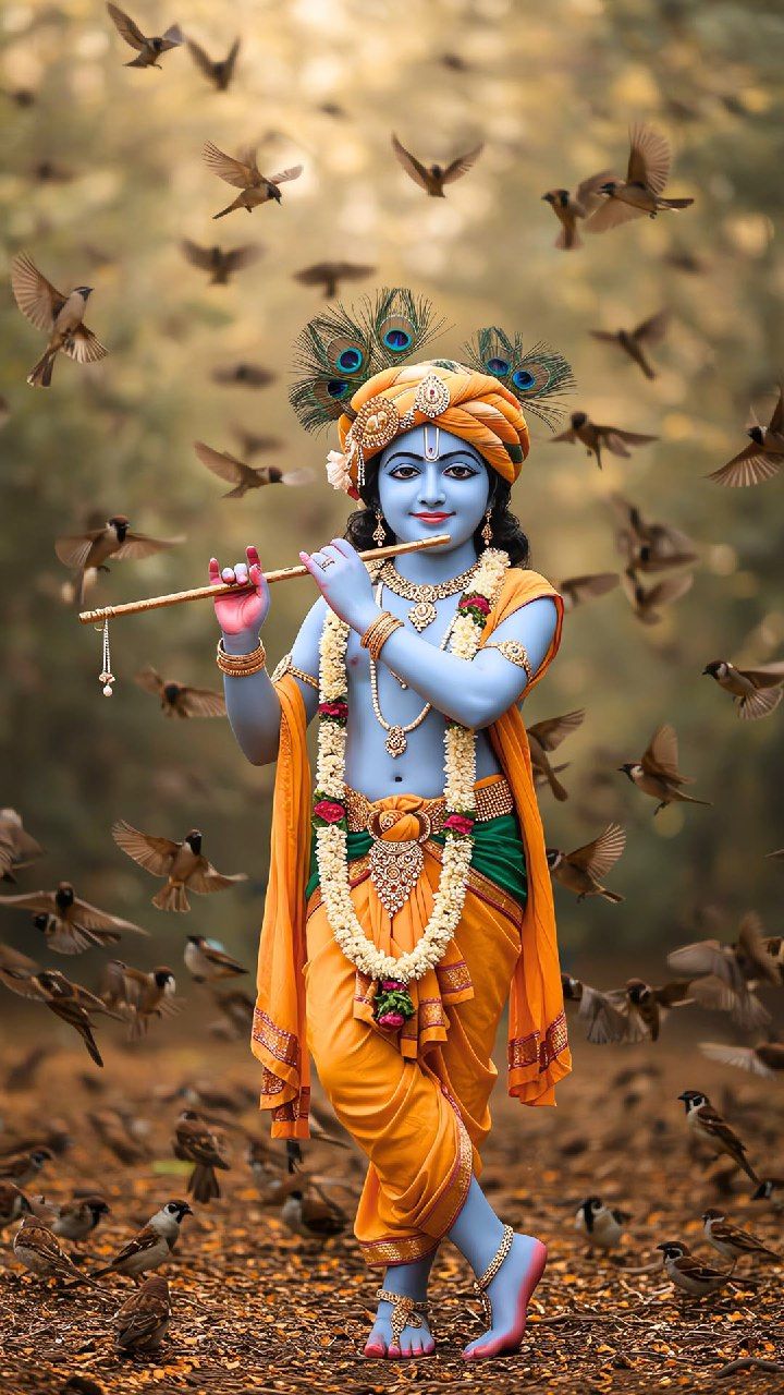 Krishna playing flute with birds.