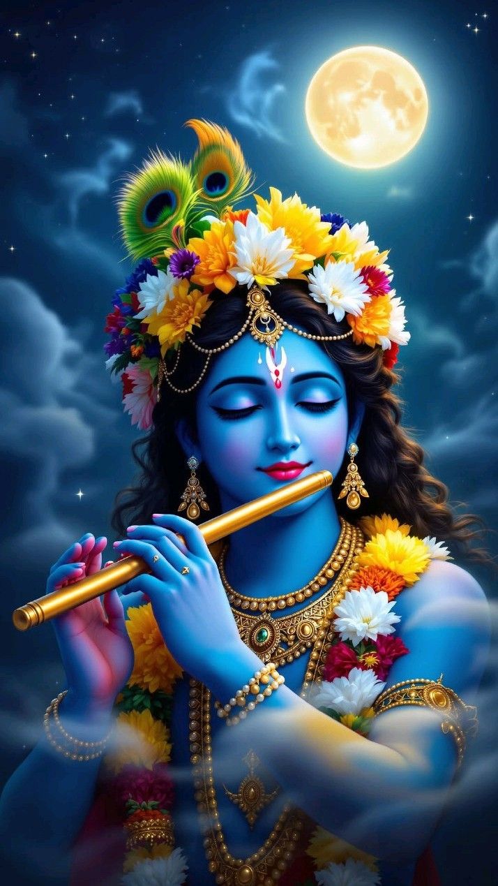 Krishna playing flute under moonlight