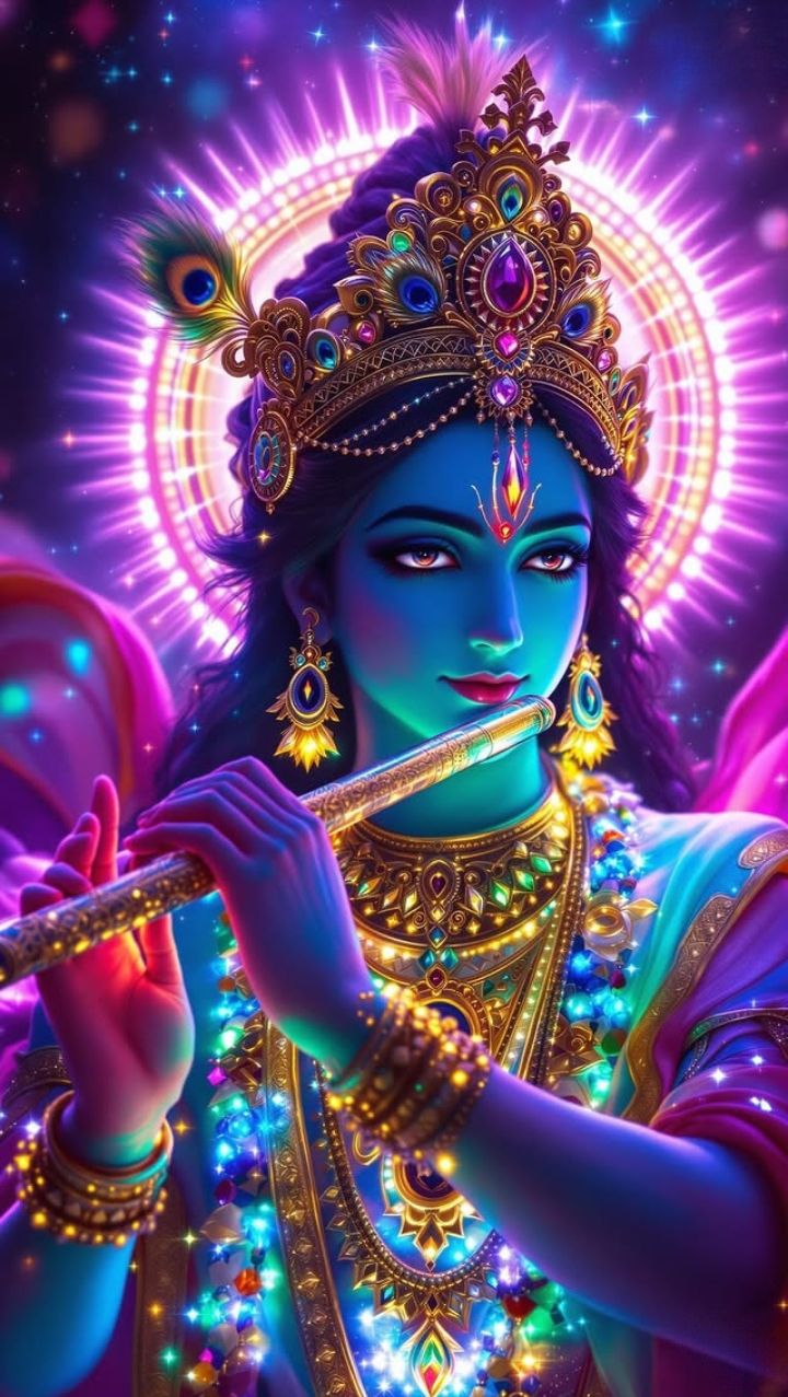 Krishna playing flute, divine portrait.