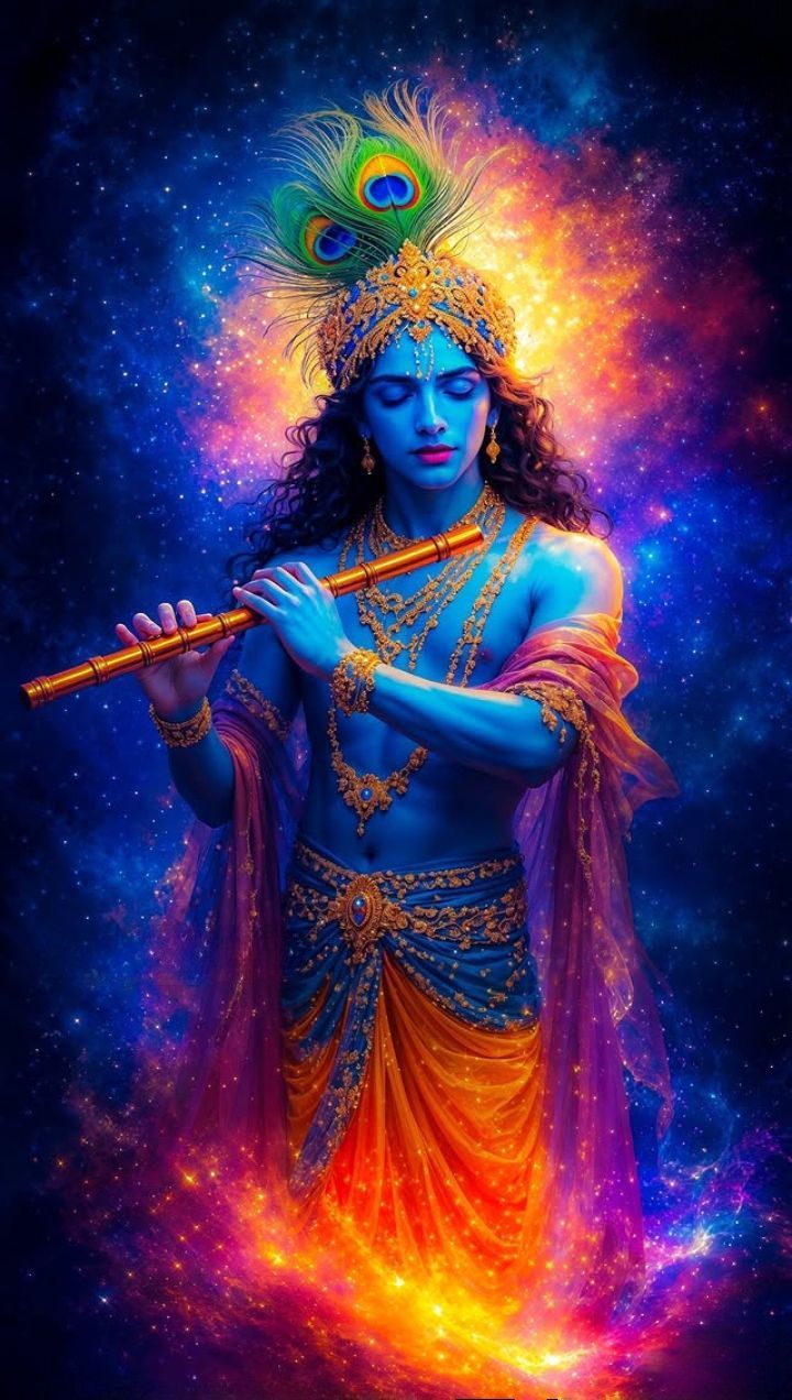Krishna playing flute cosmic wallpaper