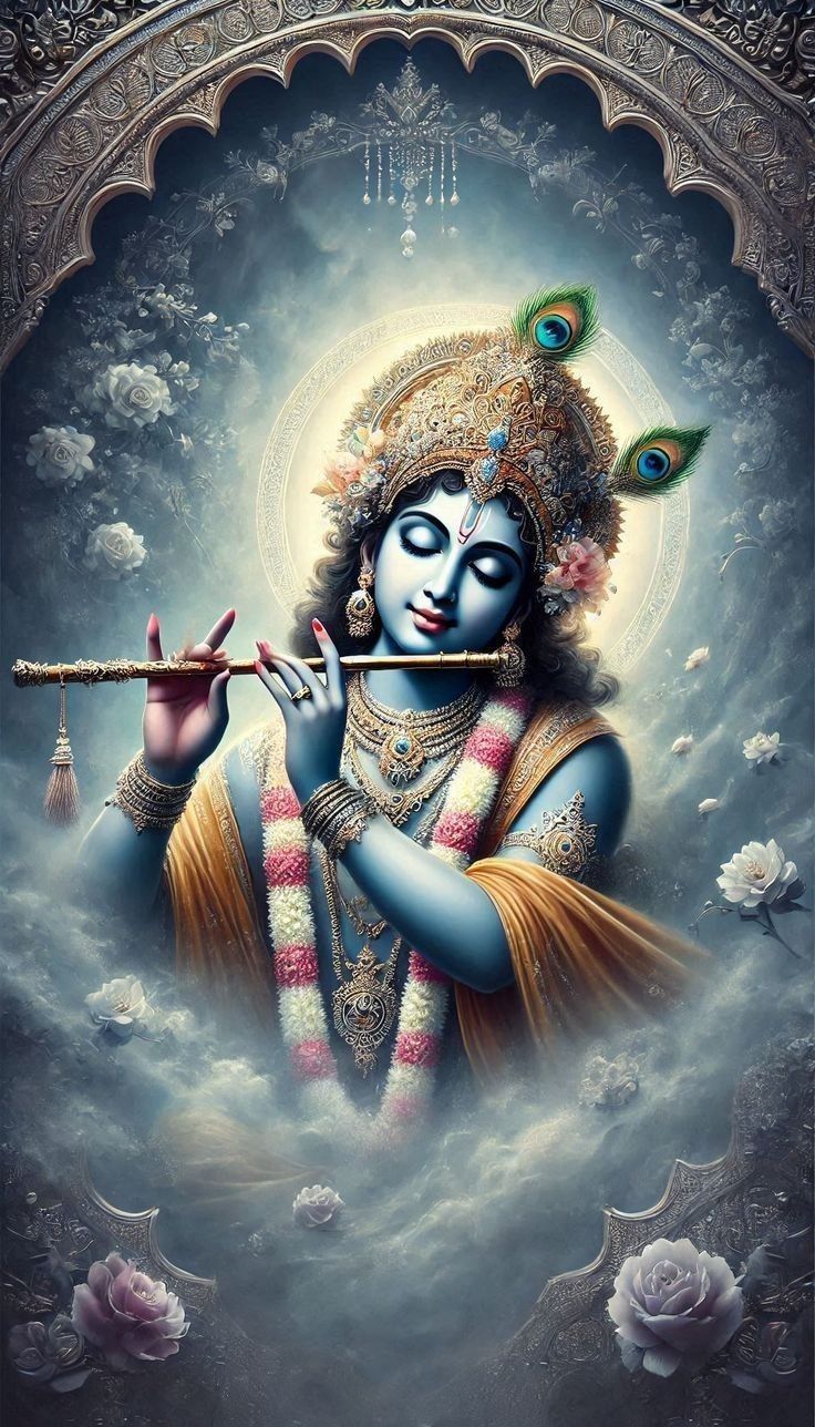 Lord Krishna playing a flute in heaven
