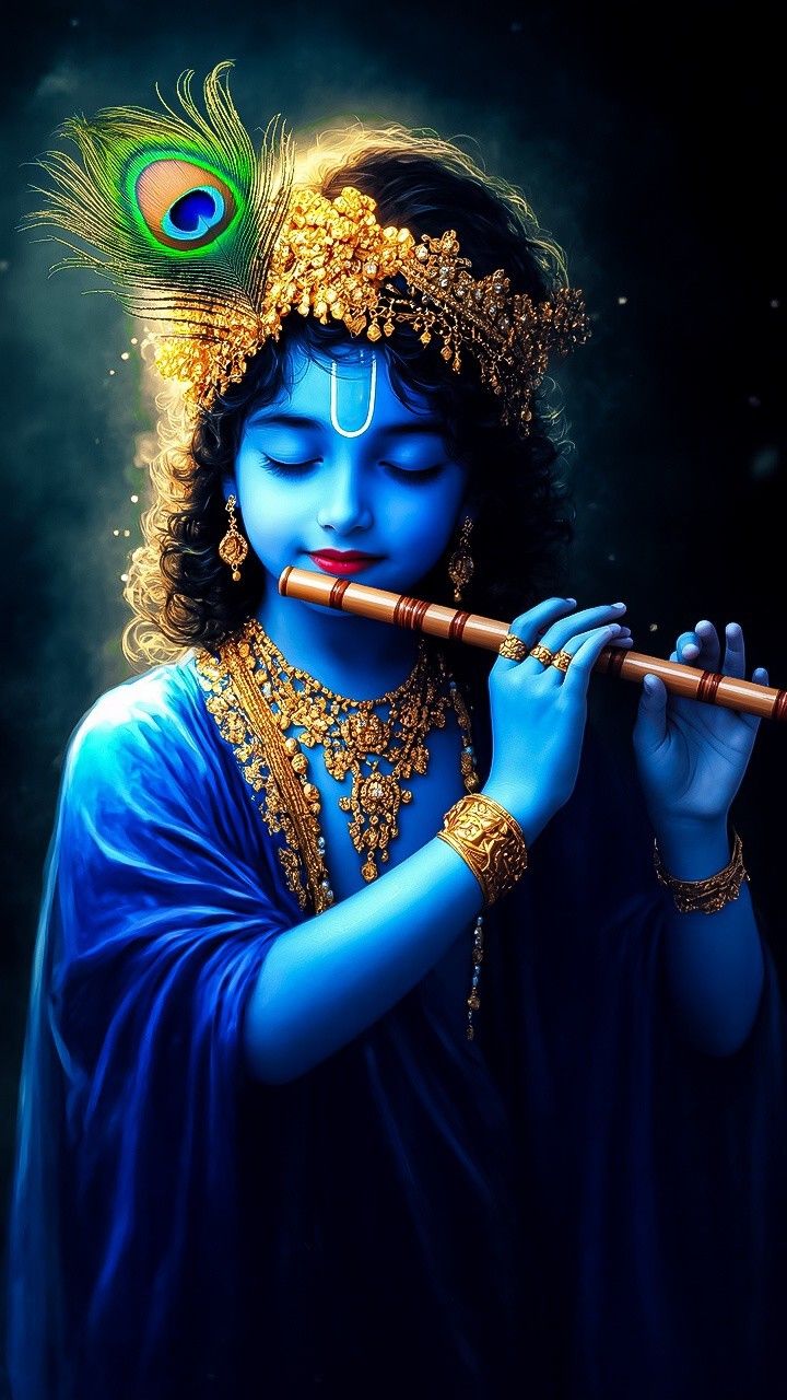 Baby Krishna playing a flute peacefully